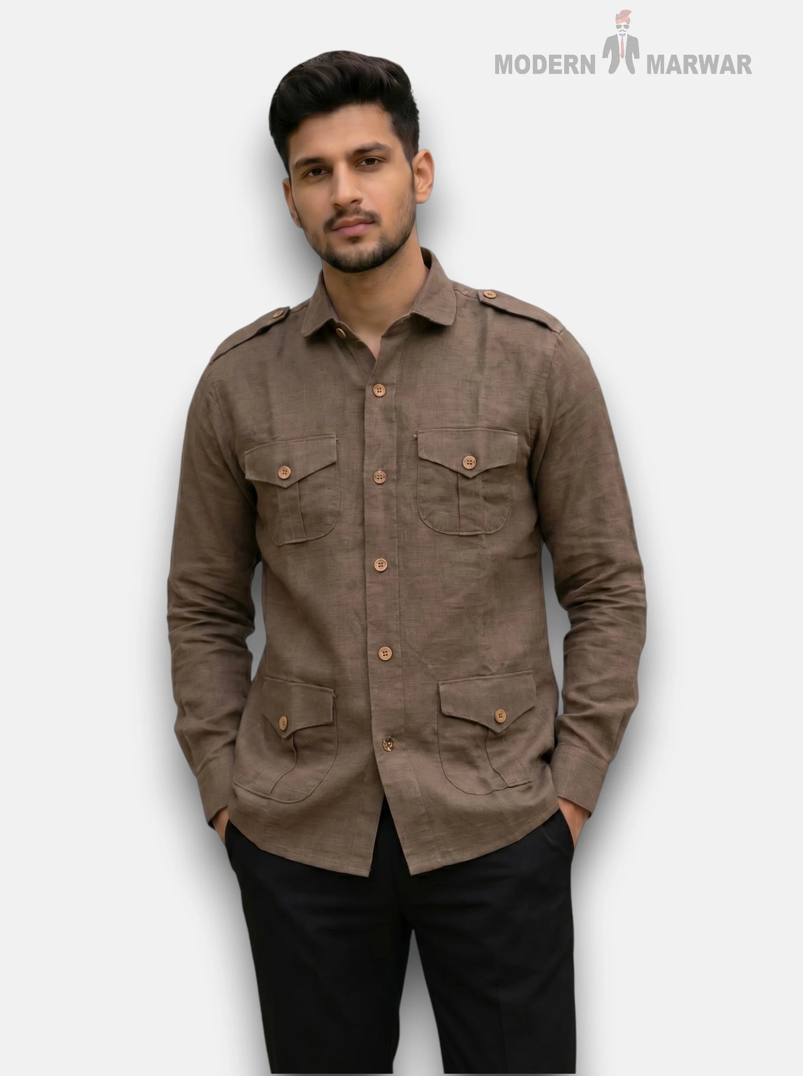 M Shirt in Brown Hunting Linen 4P-13-5019 Shirt with button-down design and pockets