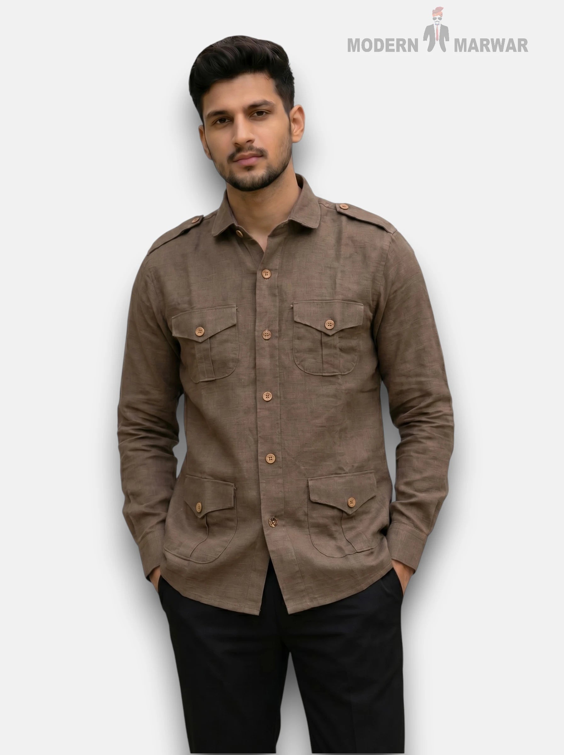 M Shirt in Brown Hunting Linen 4P-13-5019 Shirt with button-down design and pockets
