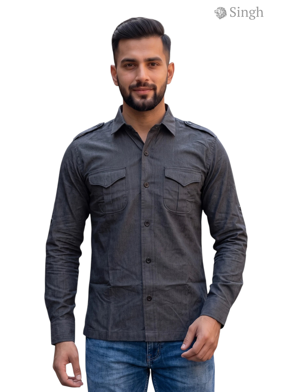 M Hunting Shirt in dark gray fabric, front view showcasing pockets, HUNTING SHIRS-1310-145