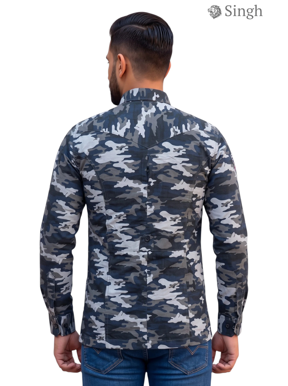 M Camouflage Hunting Shirts-1308-10 in durable fabric viewed from the back