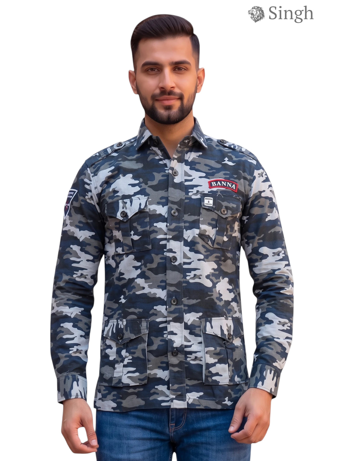 M Camouflage Hunting Shirts-1308-10 in durable fabric, front view on model showcasing style and comfort