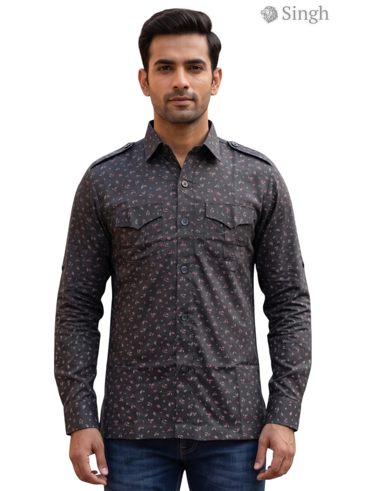 M Hunting Shirts in dark gray cotton, front view featuring floral pattern, model wearing HUNTING SHIRTS-1308-100