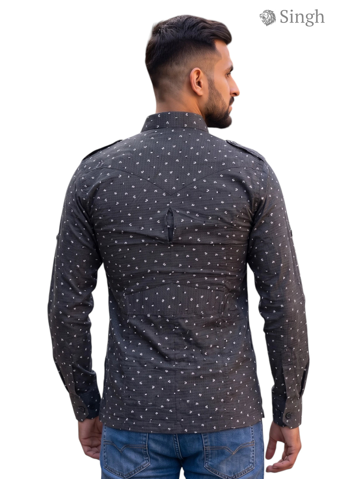 M Hunting Shirt in dark gray fabric from the back featuring stylish patterns HUNTING SHIRTS-1308-101