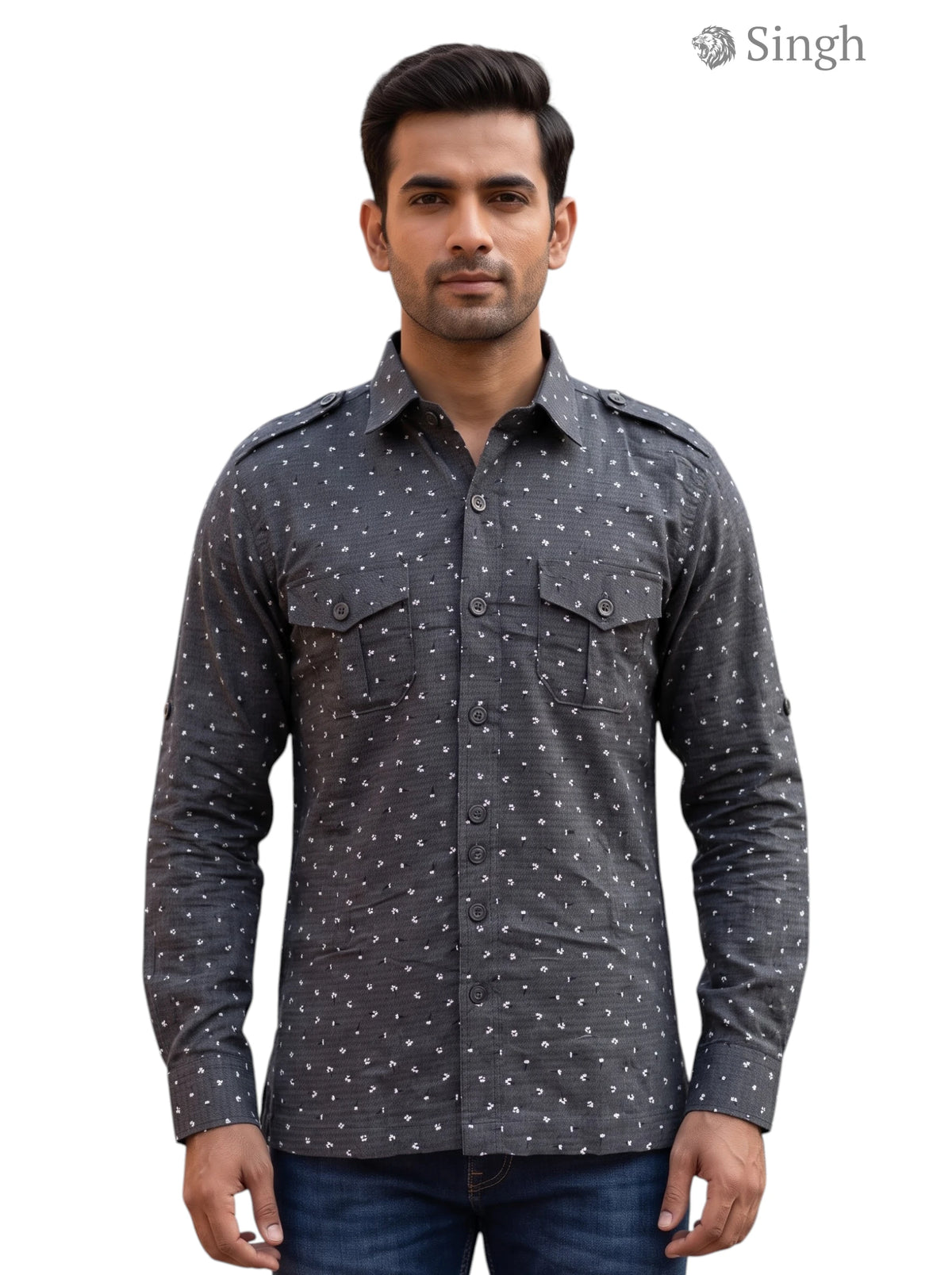 M Gray Cotton Hunting Shirt with Print, Front View - HUNTING SHIRTS-1308-101