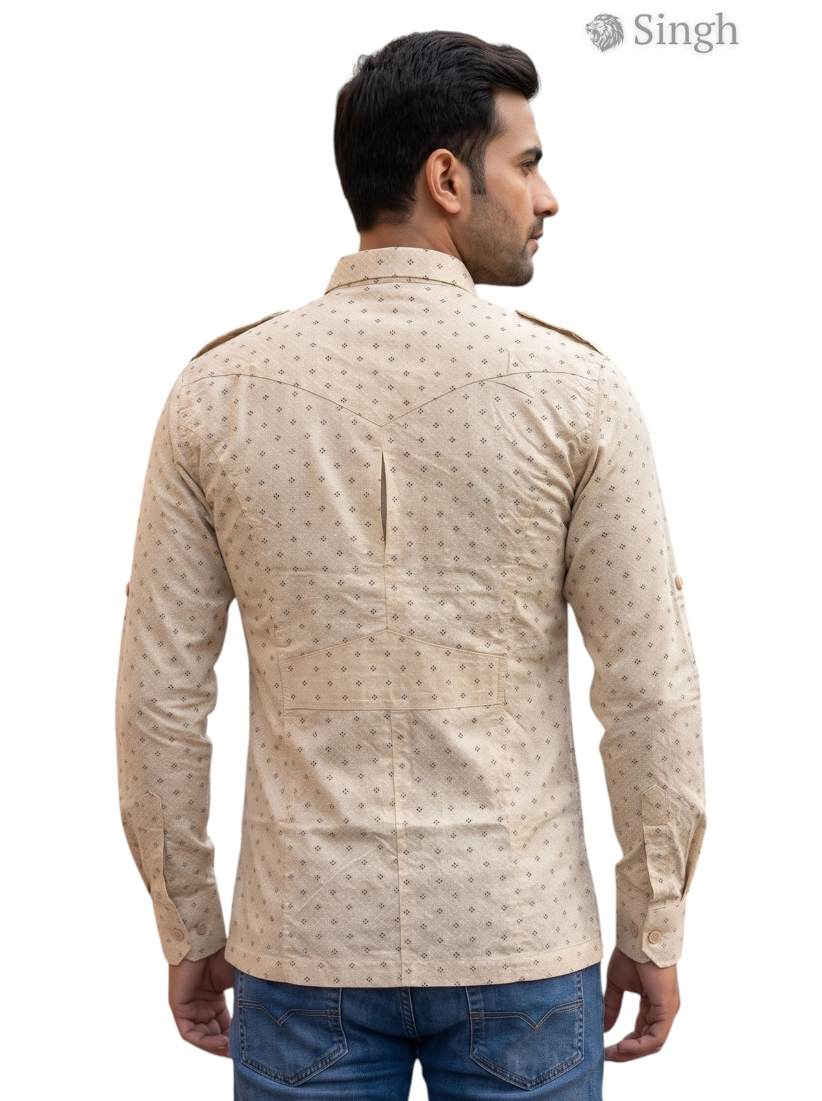 M Hunting Shirt in Beige Cotton with a Stylish Rear View - HUNTING SHIRTS-1308-104