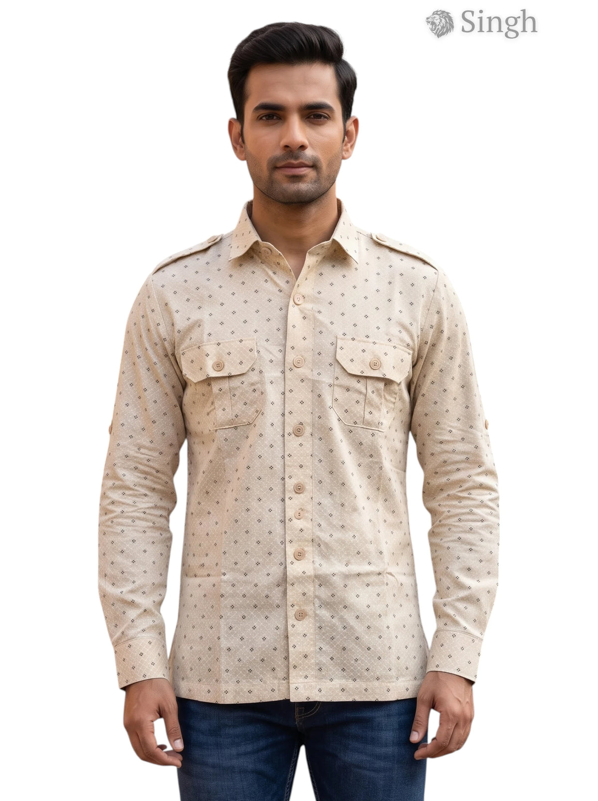 M Beige Hunting Shirt made of durable fabric, front view with pockets, HUNTING SHIRTS-1308-104