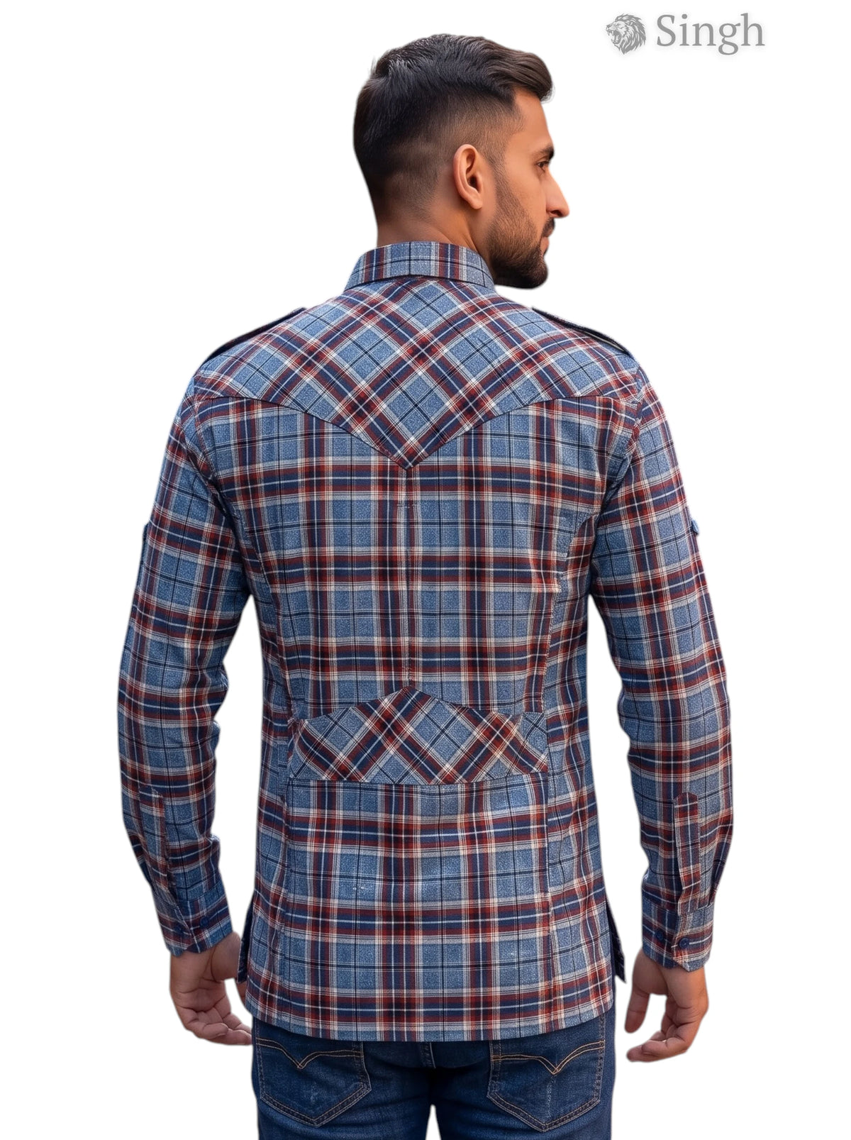 M Hunting Shirts in Blue Checkered Fabric, Back View featuring Stylish Design - HUNTING SHIRTS-1308-107