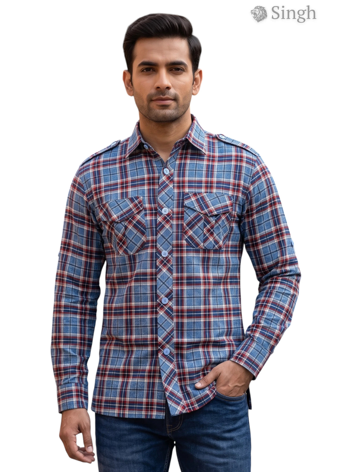 M Red and Blue Plaid Cotton Hunting Shirt at a Front Angle, HUNTING SHIRTS-1308-107