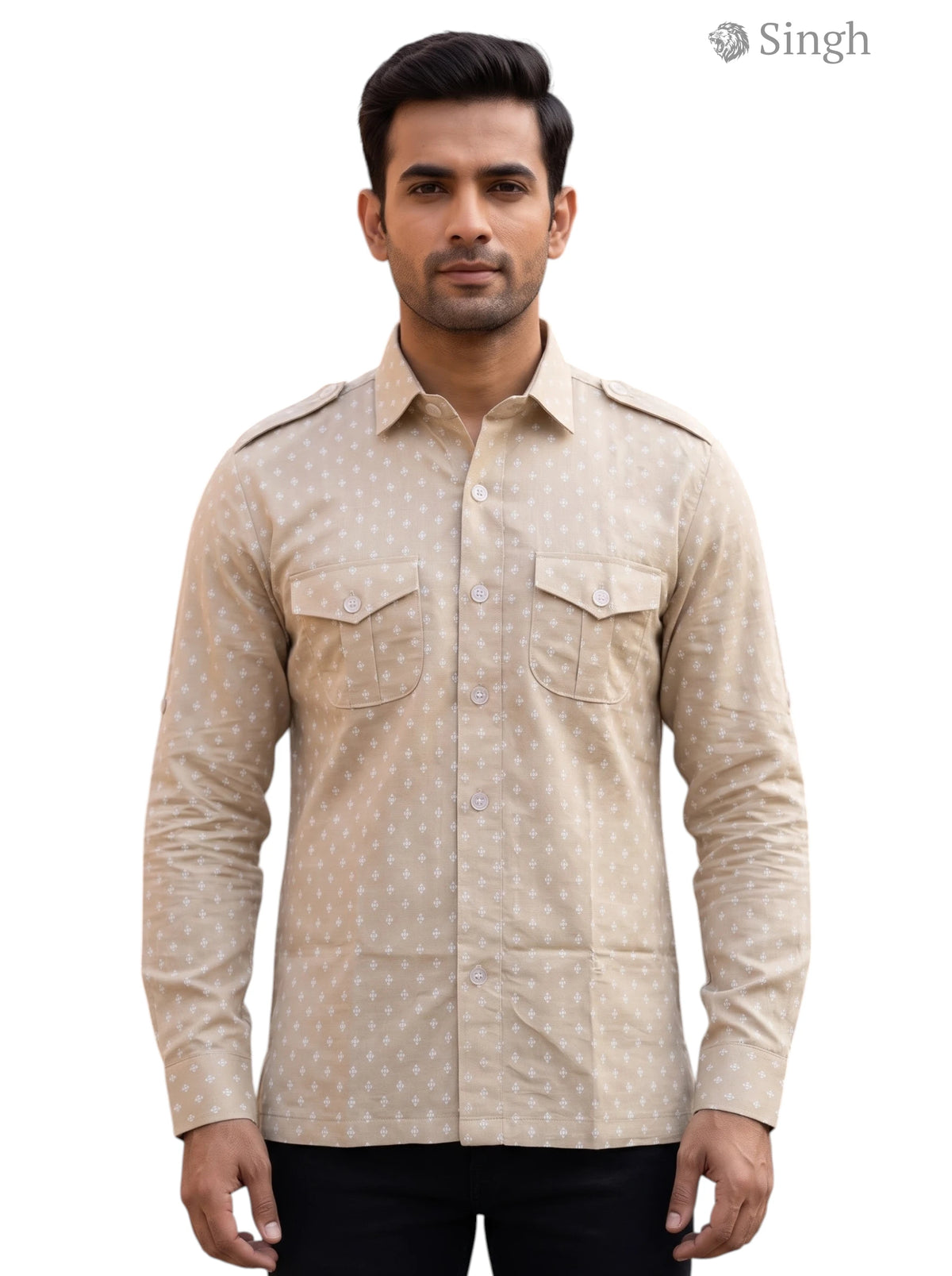 M Tan Cotton Hunting Shirts-1308-108 Front View with Button Down Collars and Chest Pockets