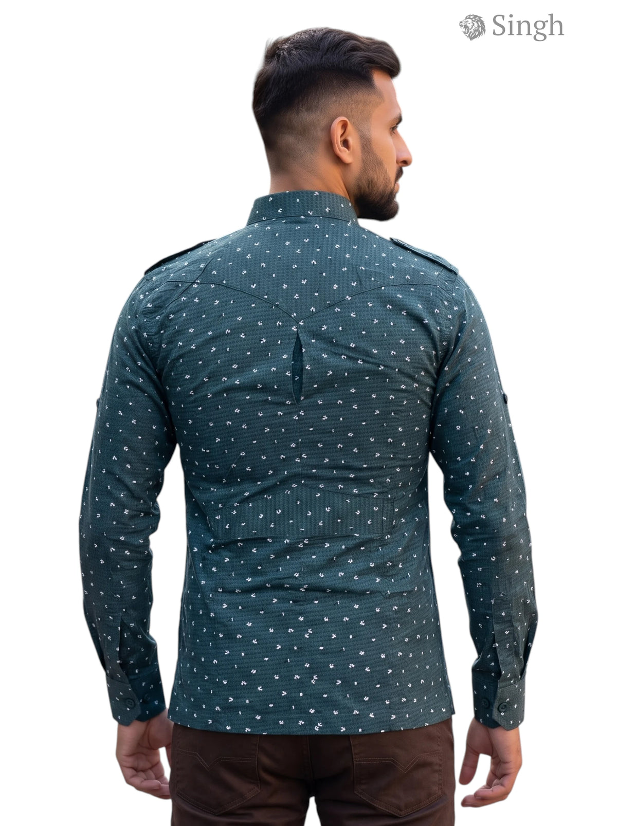 M Hunting Shirt in Green with Cotton Fabric from the Back, featuring style HUNTING SHIRTS-1308-109