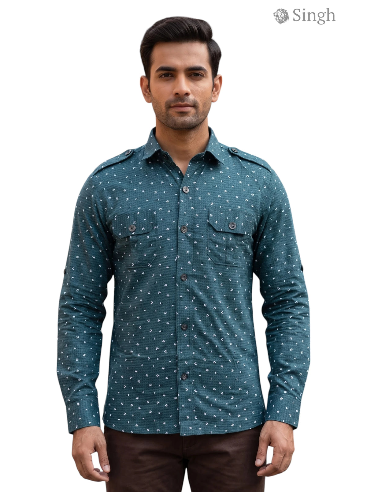 M Hunting Shirts in teal fabric with a stylish pattern from Singh, featuring chest pockets and long sleeves