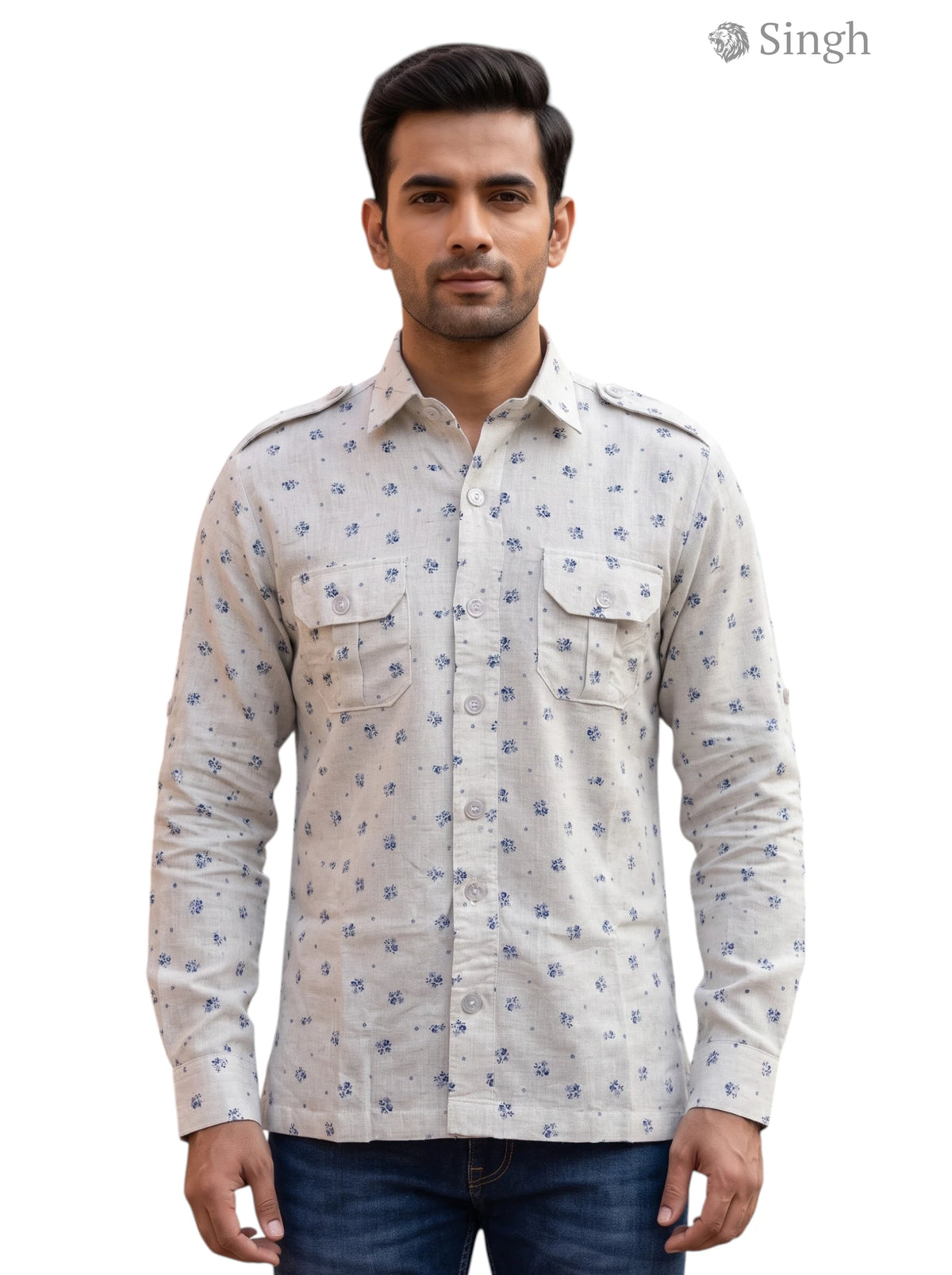 M Hunting Shirts in Light Gray Cotton with Floral Print, Front View, HUNTING SHIRTS-1308-111