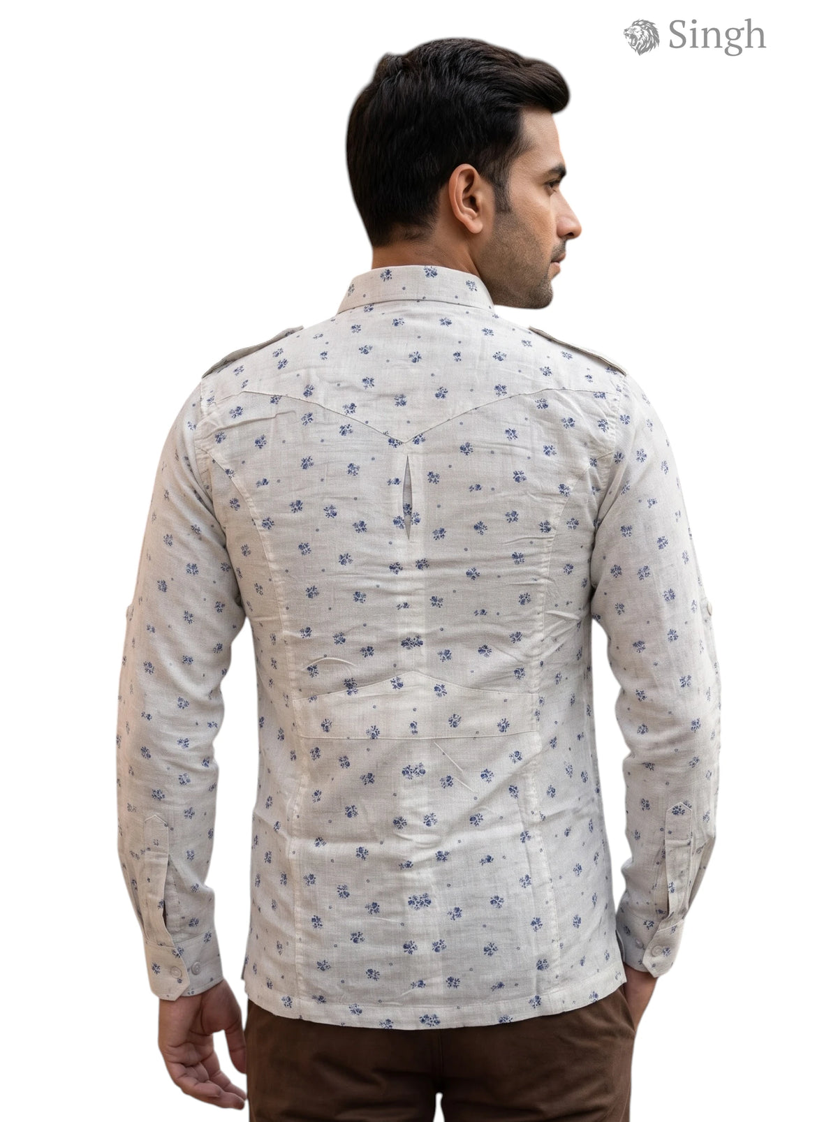 M Hunting Shirt in Beige Cotton, Back View, featuring Hunting Shirts-1308-111 design