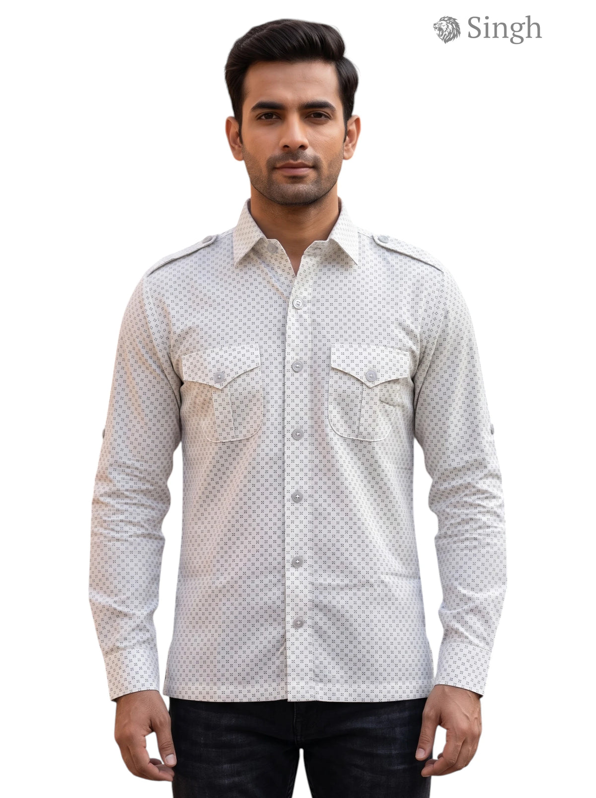 M Hunting Shirts in Light Gray Cotton from Singh, Front View featuring Dual Chest Pockets