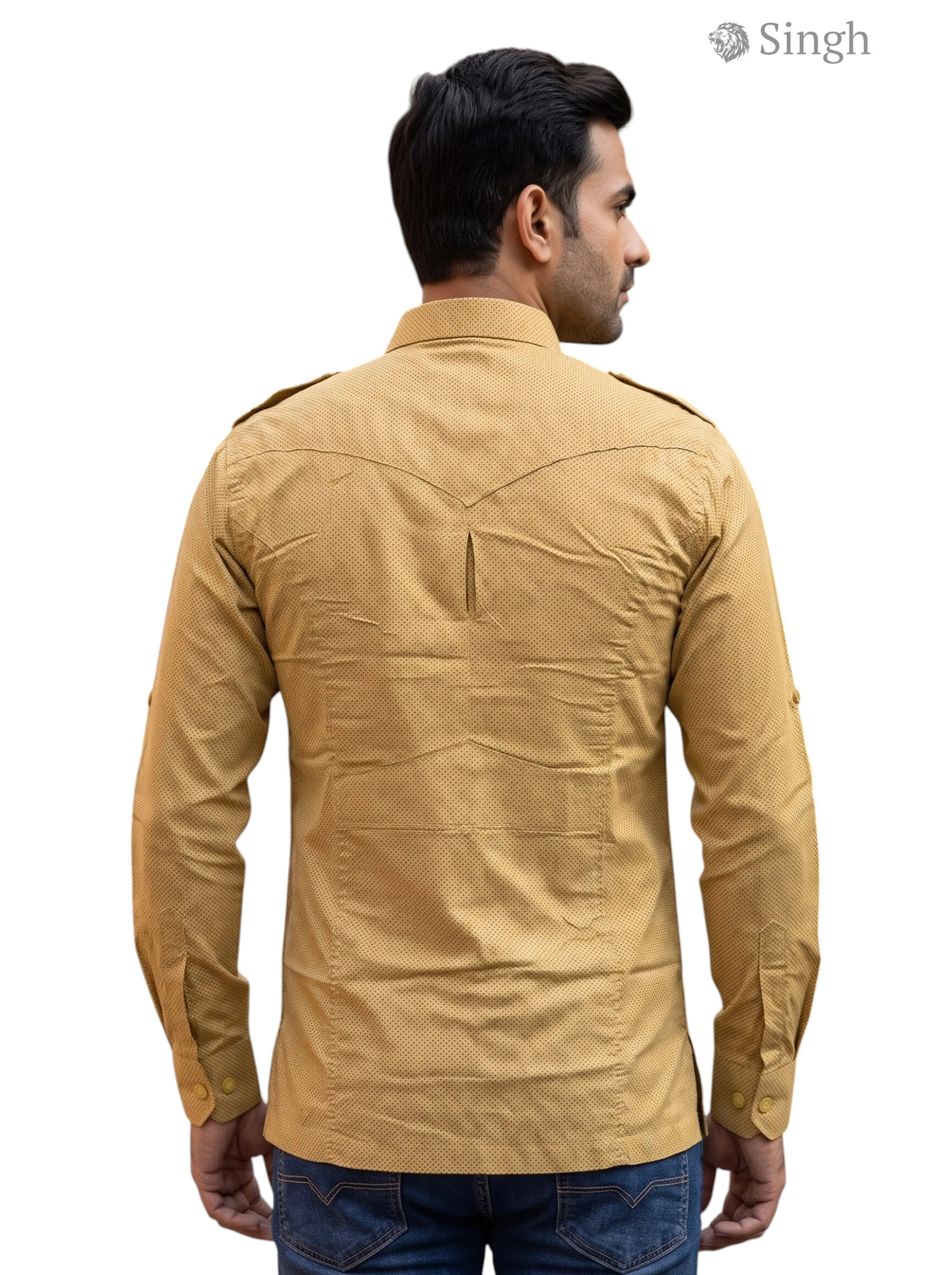 M Hunting Shirt in Khaki Cotton from Singh, featuring a classic fit and back vent for comfort - HUNTING SHIRTS-1308-114