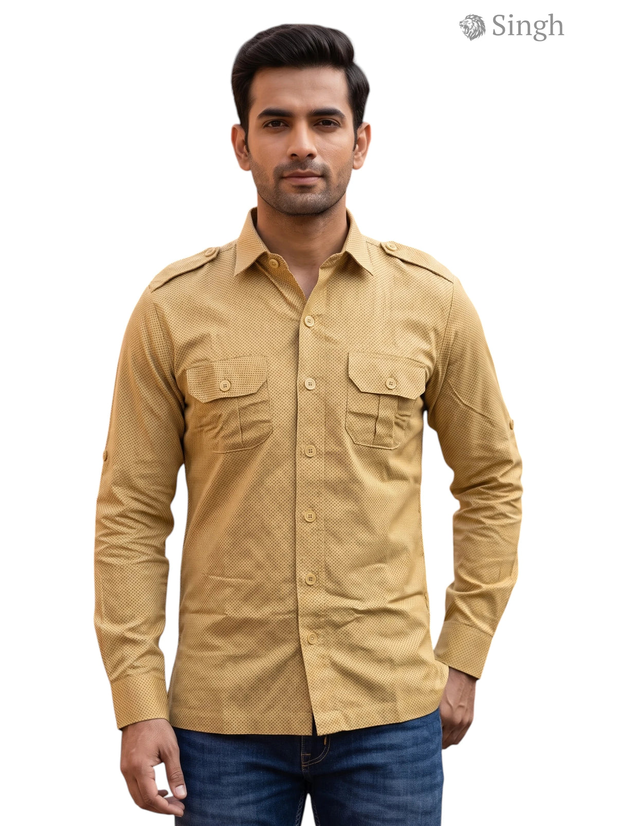 M Khaki Hunting Shirts-1308-114 in Soft Fabric with Buttoned Pockets, Front View