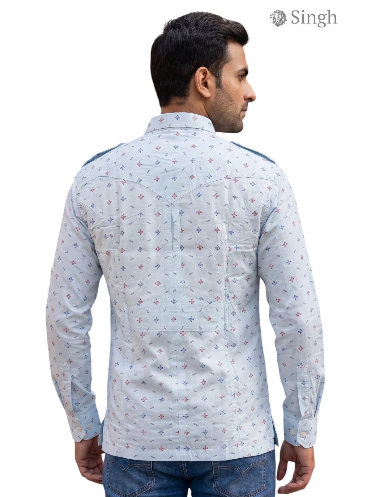 M Hunting Shirts in light blue fabric with patterned design, back view showcasing stylish details - HUNTING SHIRTS-1308-116
