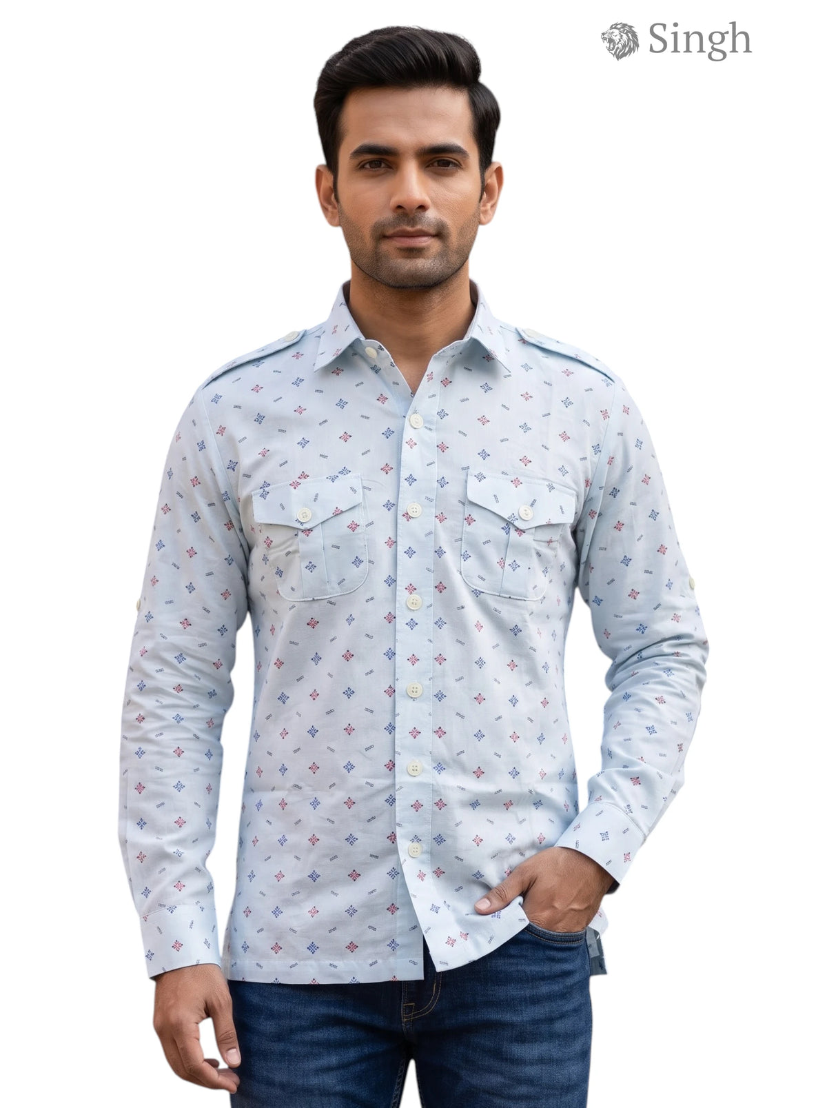 M Hunting Shirts in light blue cotton with patterned design, front view featuring two chest pockets - HUNTING SHIRTS-1308-116