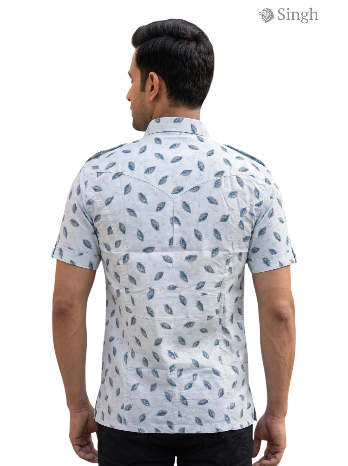 M Hunting Shirt in Light Blue Cotton with Leaf Pattern, Back View, HUNTING SHIRTS-1308-117