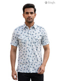 M Hunting Shirts in Light Blue Cotton with Leaf Print, Front View - HUNTING SHIRTS-1308-117