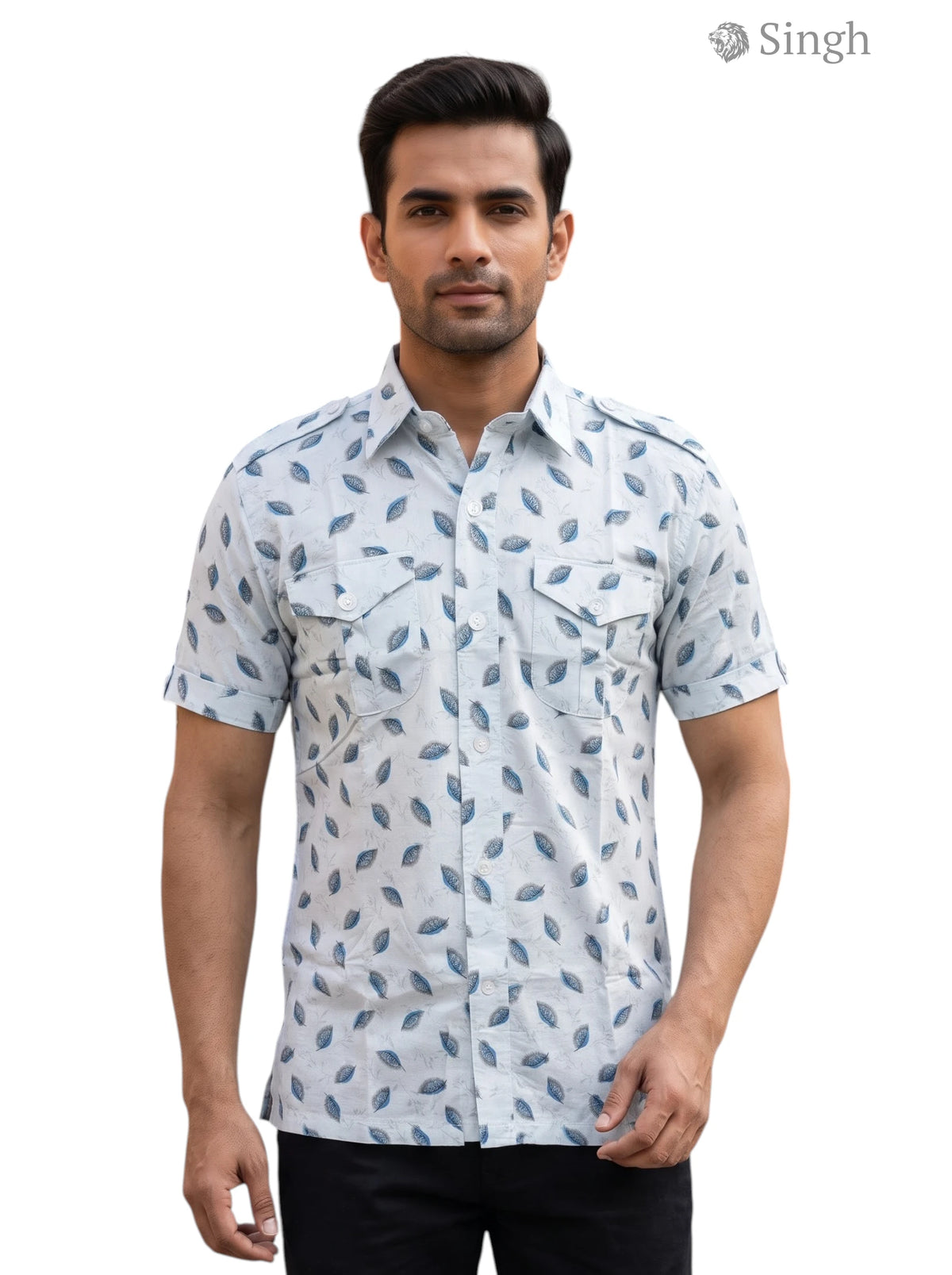 M Hunting Shirts in Light Blue Cotton with Leaf Print, Front View - HUNTING SHIRTS-1308-117