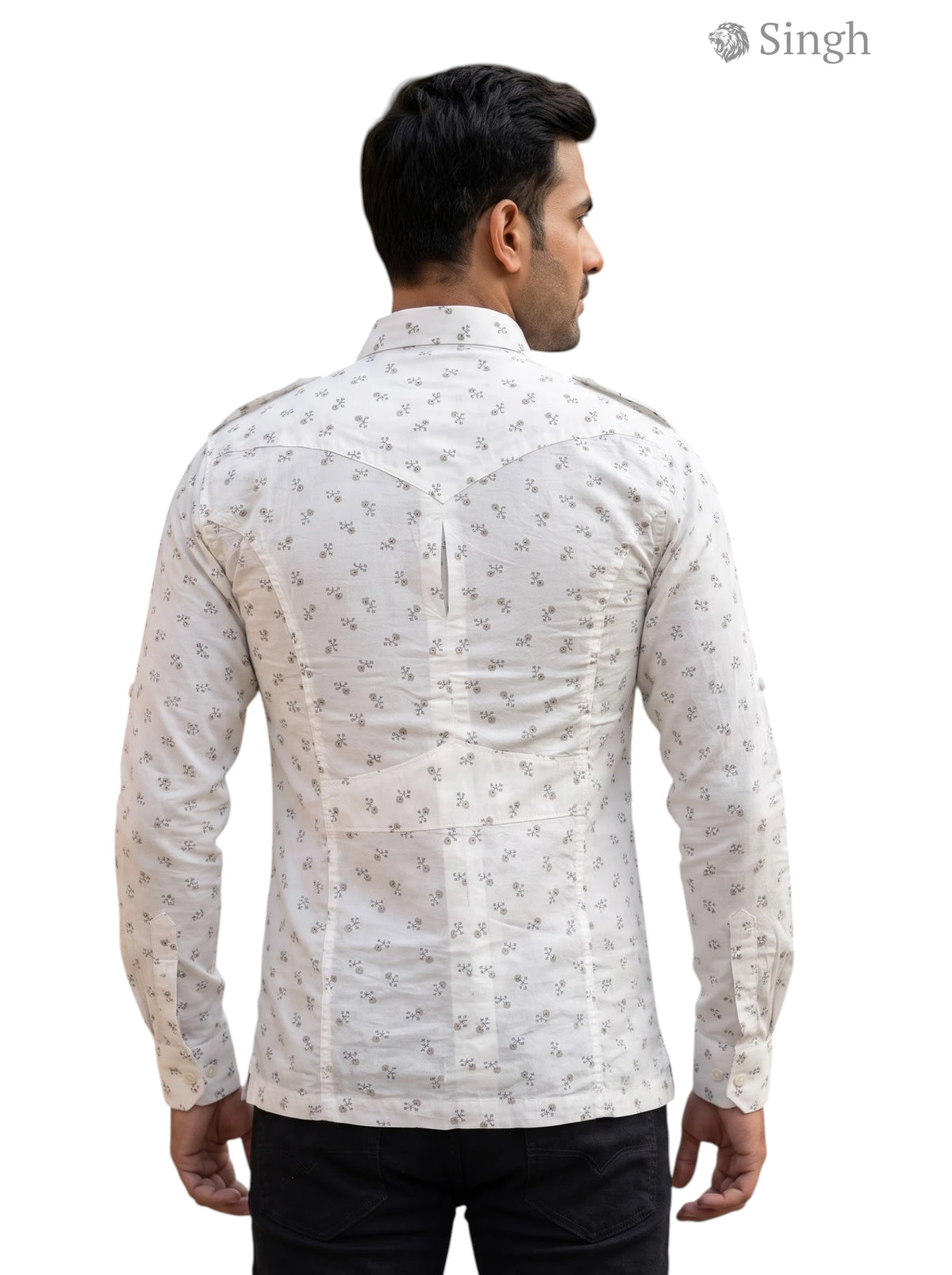 M Hunting Shirt in White Floral Print with Cotton Fabric from the Back - HUNTING SHIRTS-1308-118