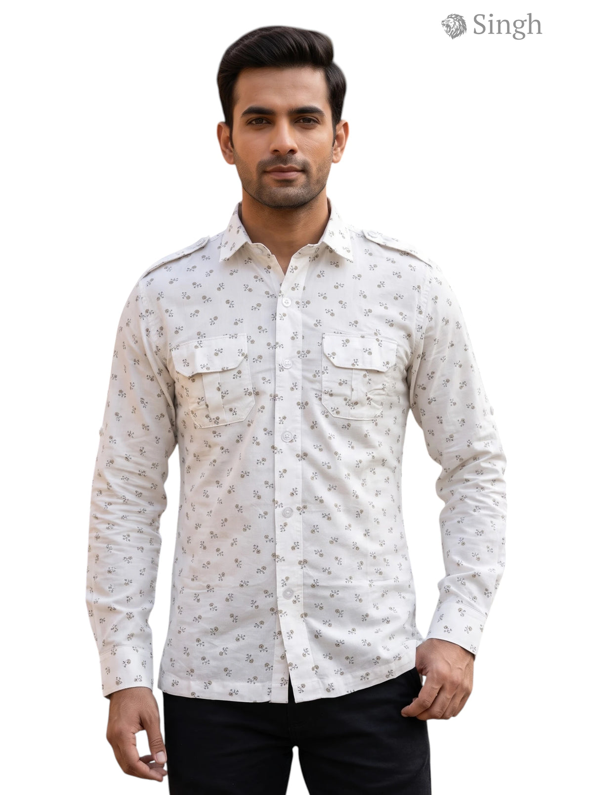 M Hunting Shirts in White Cotton with Floral Print - Front View HUNTING SHIRTS-1308-118