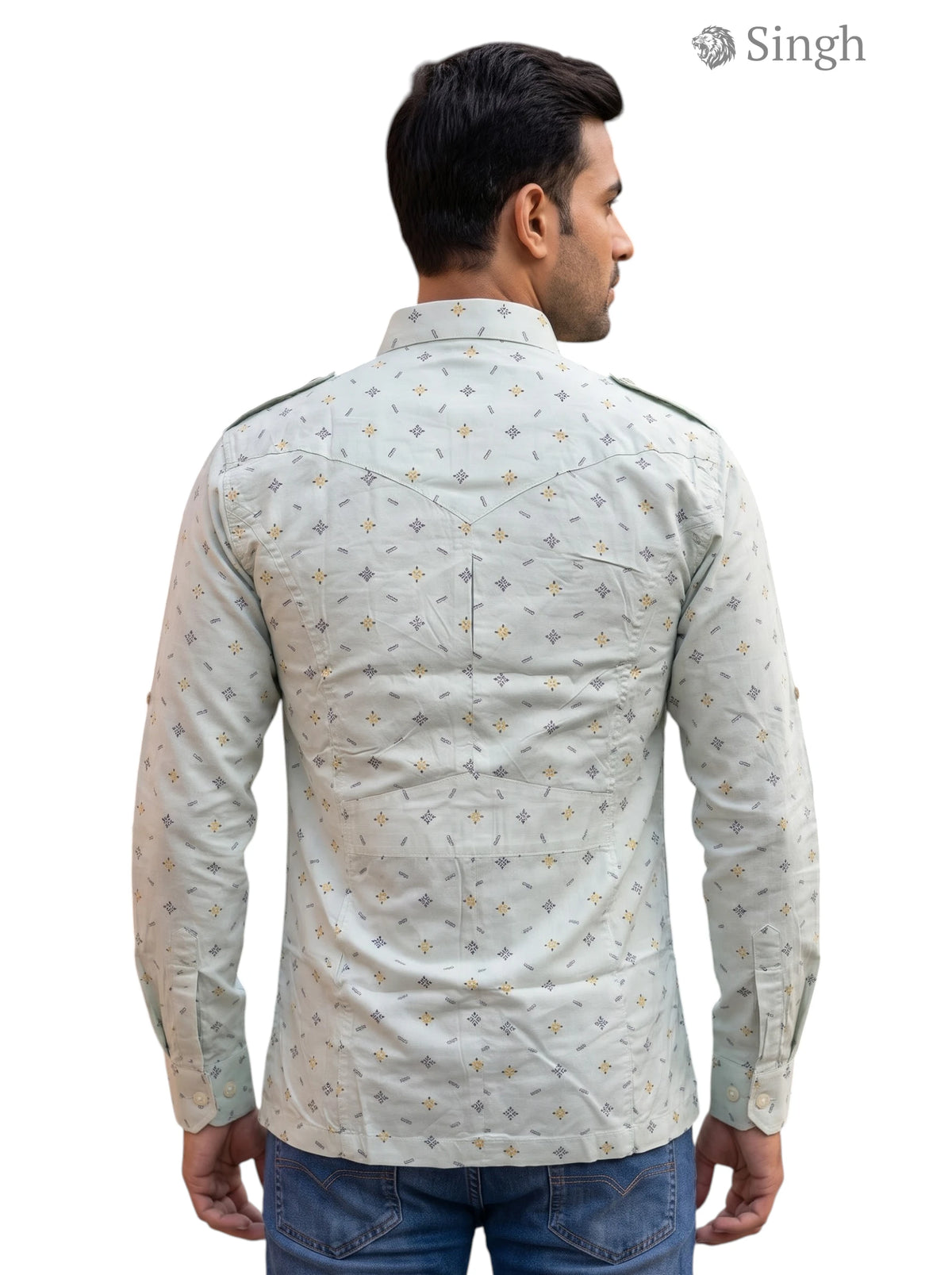 M Hunting Shirt in light green fabric with patterned design, shown from the back, HUNTING SHIRTS-1308-119