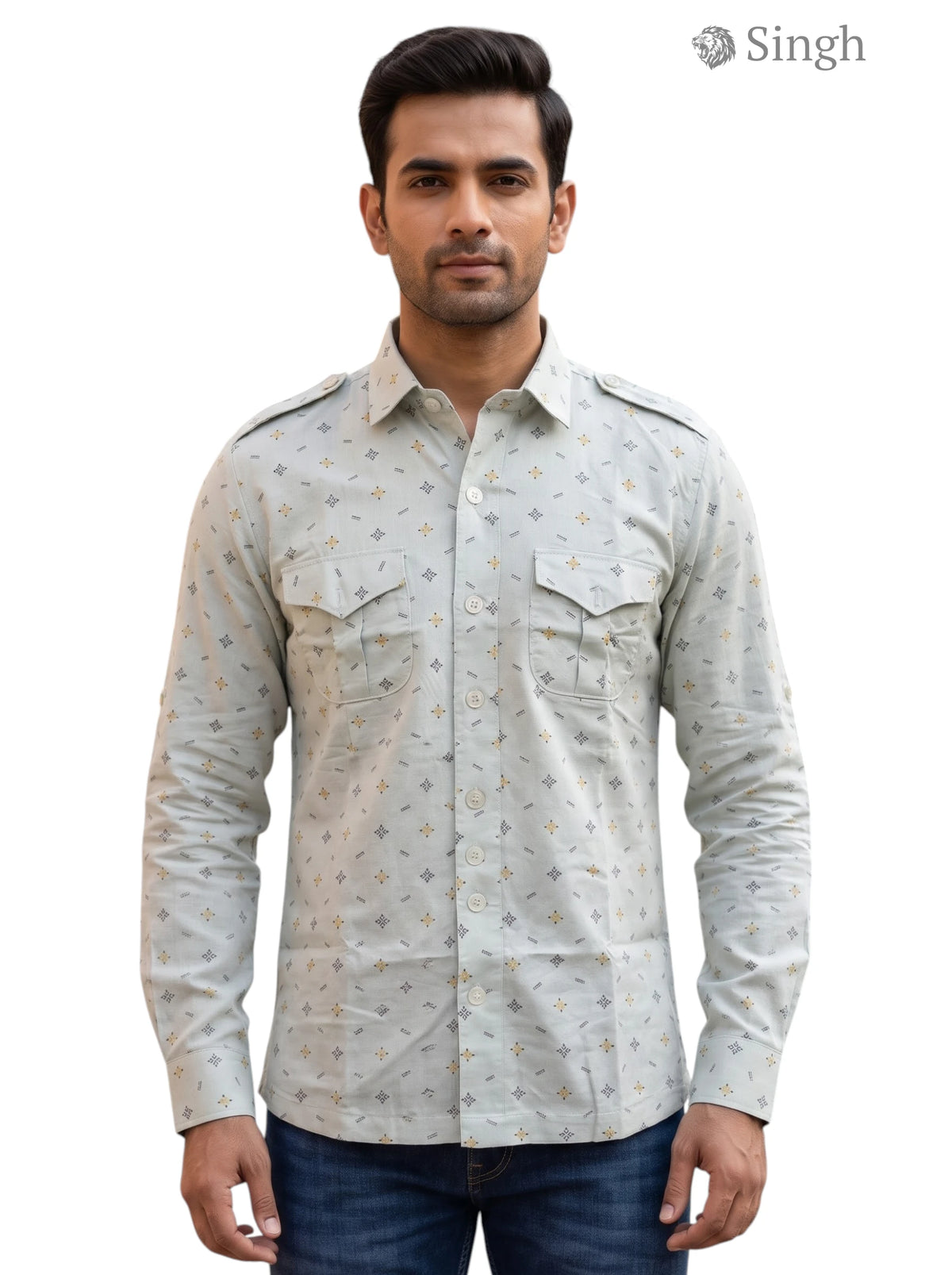 M Hunting Shirts in light green cotton fabric, front view featuring two chest pockets - HUNTING SHIRTS-1308-119