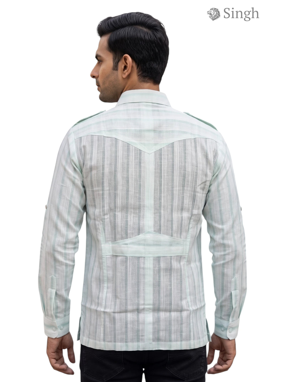 M Hunting Shirts in light green stripe fabric from the back featuring a modern design HUNTING SHIRTS-1308-120