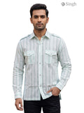 M Hunting Shirts in light green striped fabric, front view with button-up design featuring pockets - HUNTING SHIRTS-1308-120