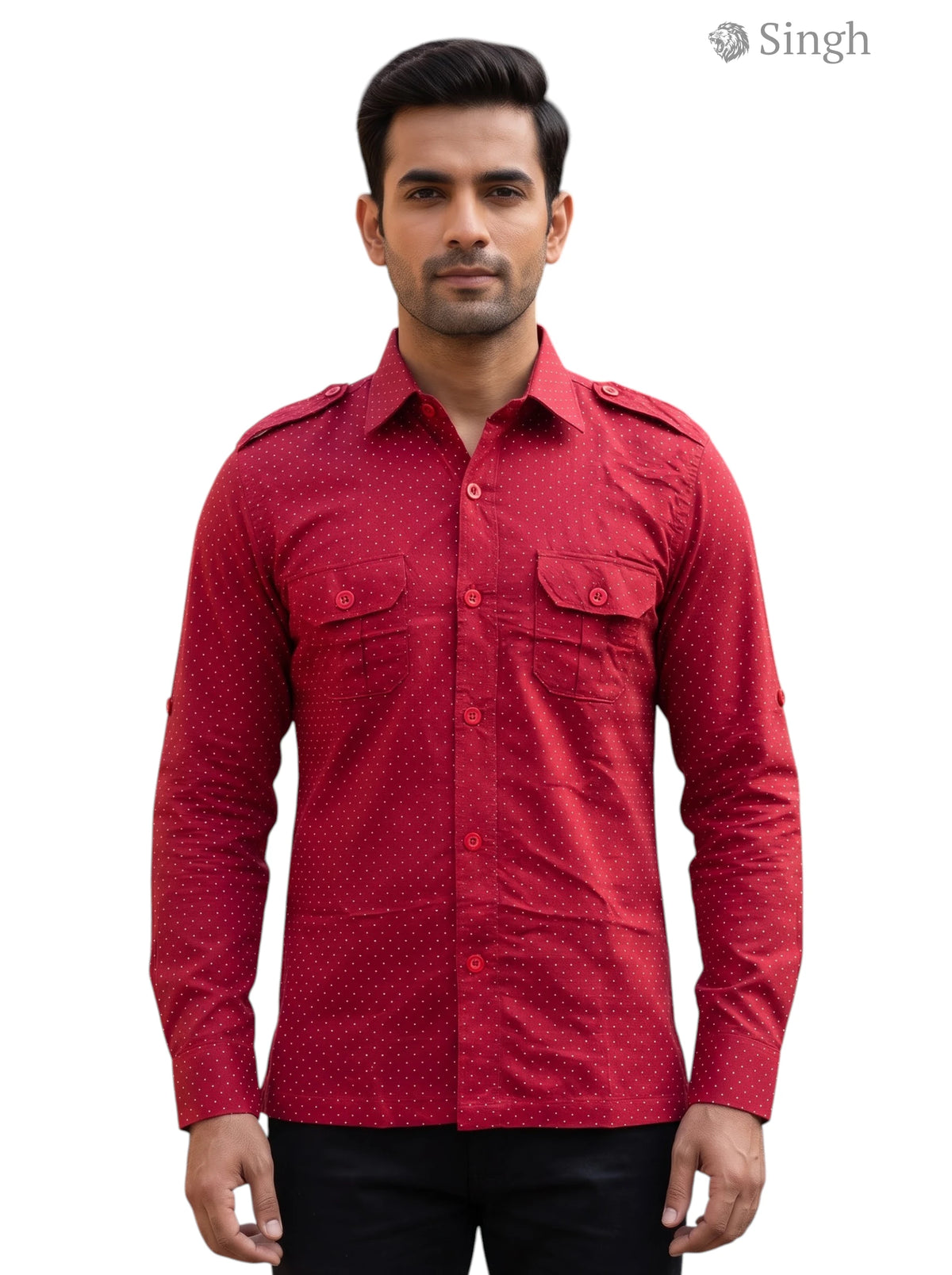 M Red Cotton Hunting Shirts-1308-121 with Patch Pockets and Button Closure