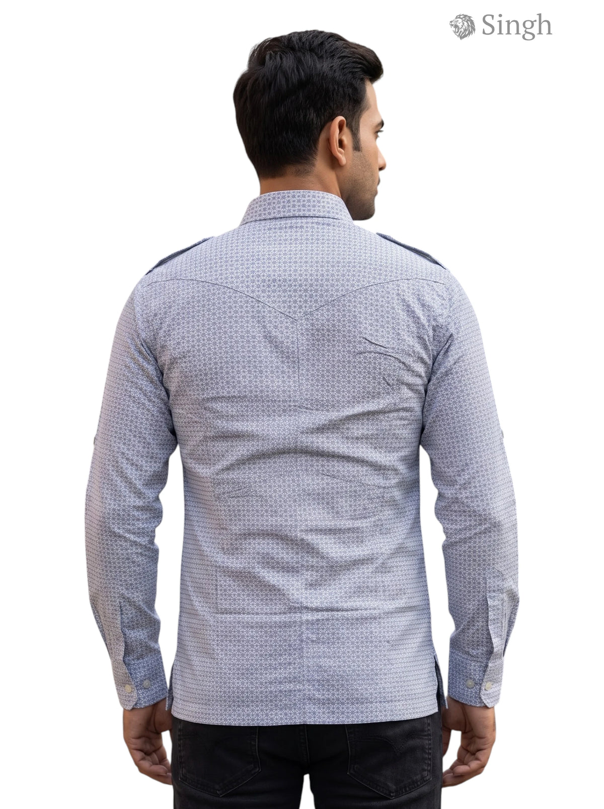 M Hunting Shirts in blue pattern fabric, back view, featuring HUNTING SHIRTS-1308-122