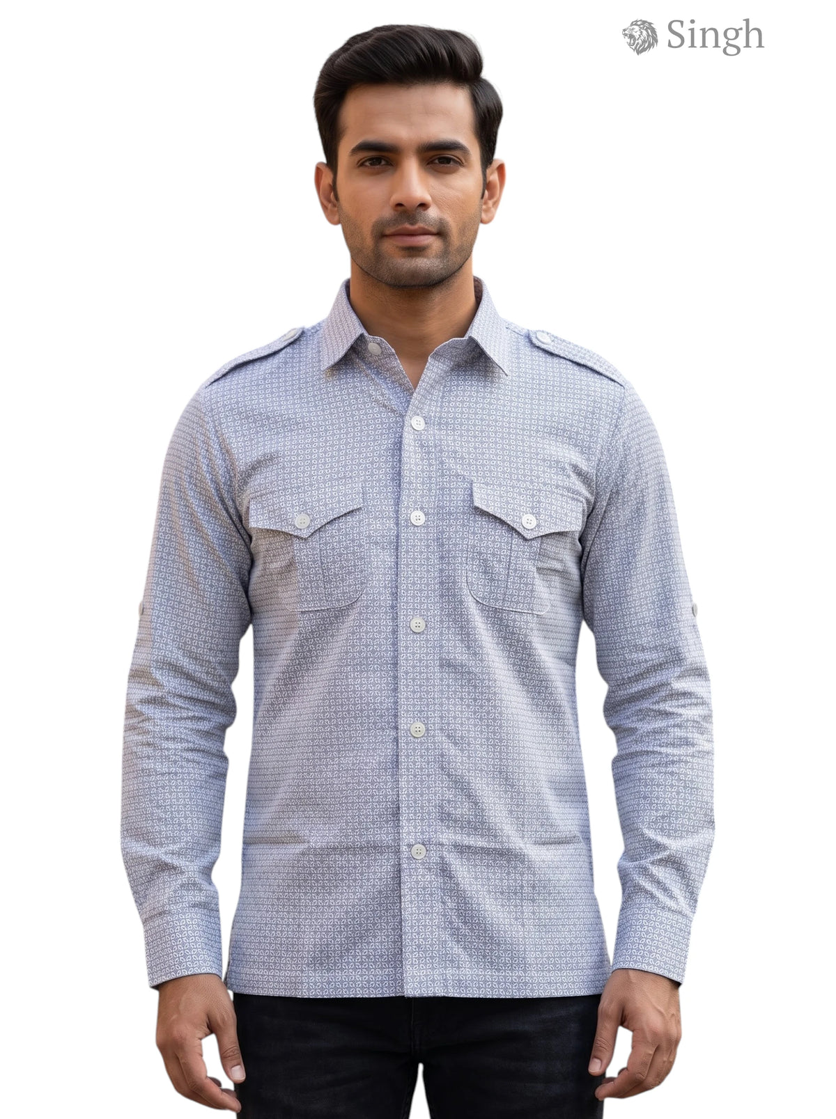 Men's Blue Hunting Shirts-1308-122 in Lightweight Fabric, Front View with Button Pockets