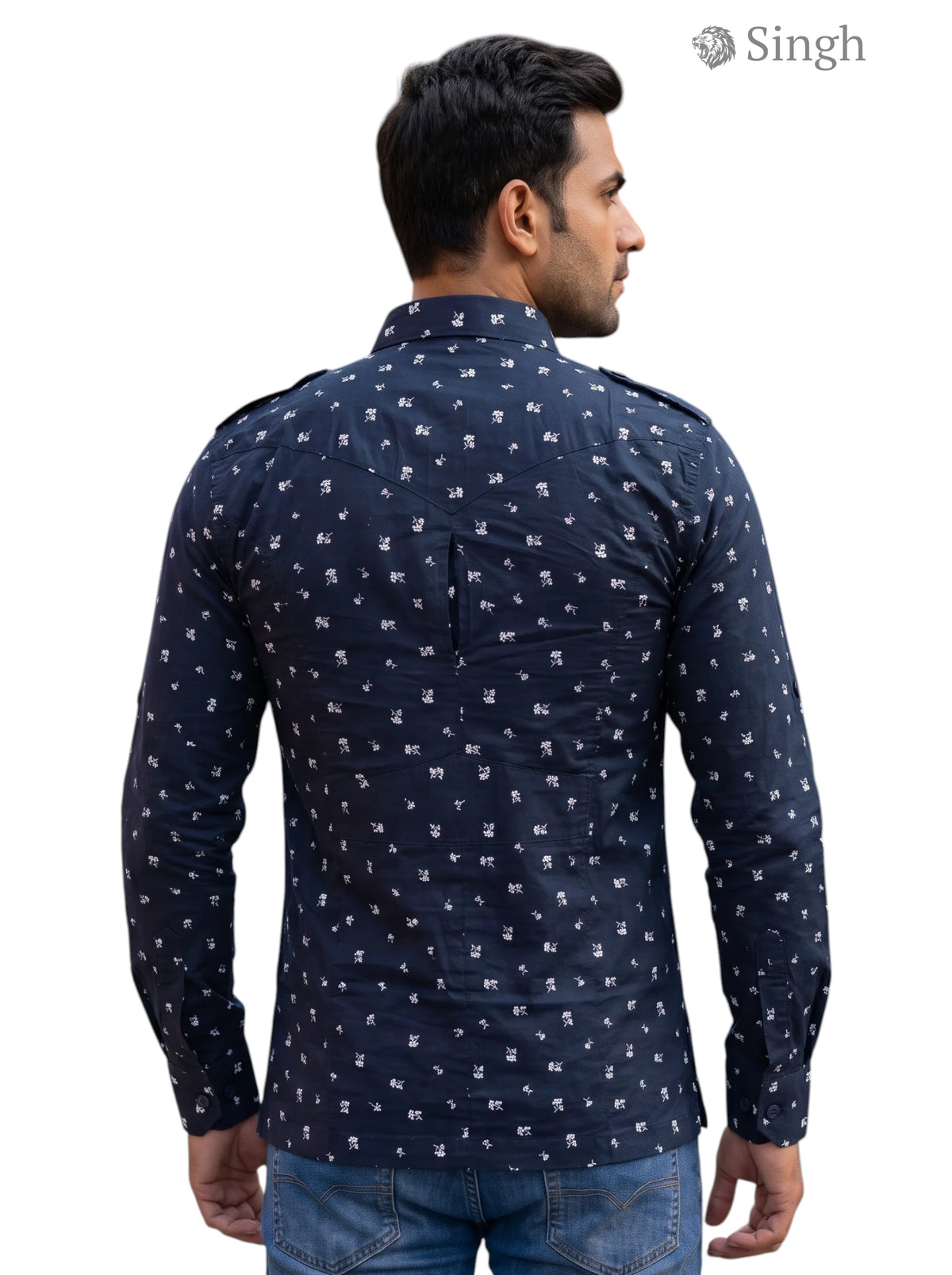 M Hunting Shirts navy blue cotton shirt shown from the back featuring a stylish pattern HUNTING SHIRTS-1308-123