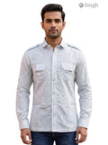 M Hunting Shirts in light grey cotton with front pockets, showcasing a relaxed fit