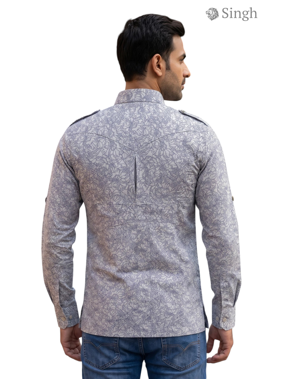 M Hunting Shirts-1308-125 in light blue floral fabric, shown from the back with long sleeves