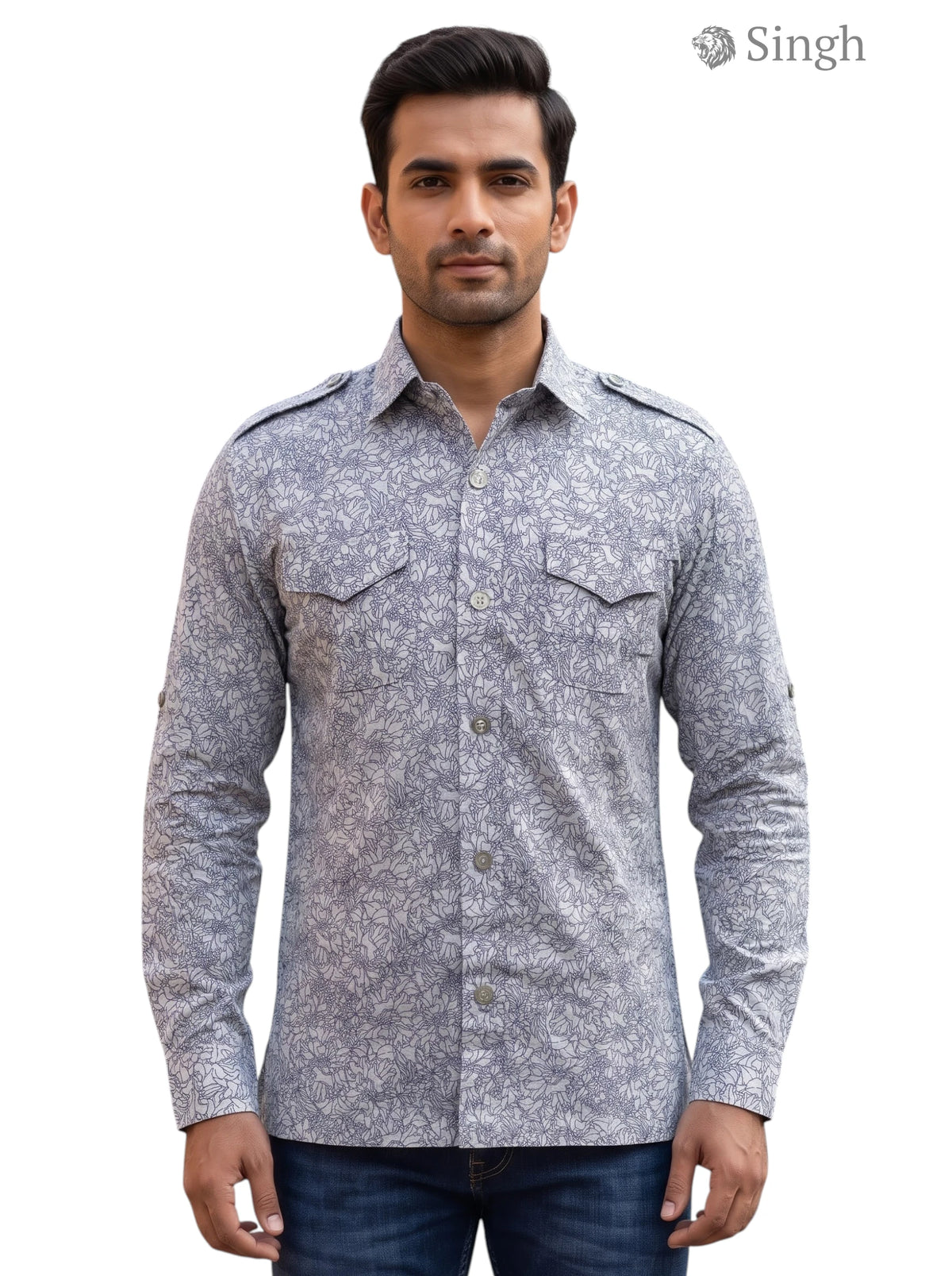 M Hunting Shirts-1308-125 in blue floral pattern cotton front view by SINGH