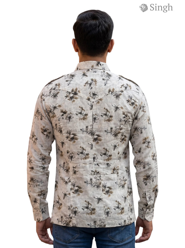 M Hunting Shirt in beige floral fabric from the back view - HUNTING SHIRTS-1308-127