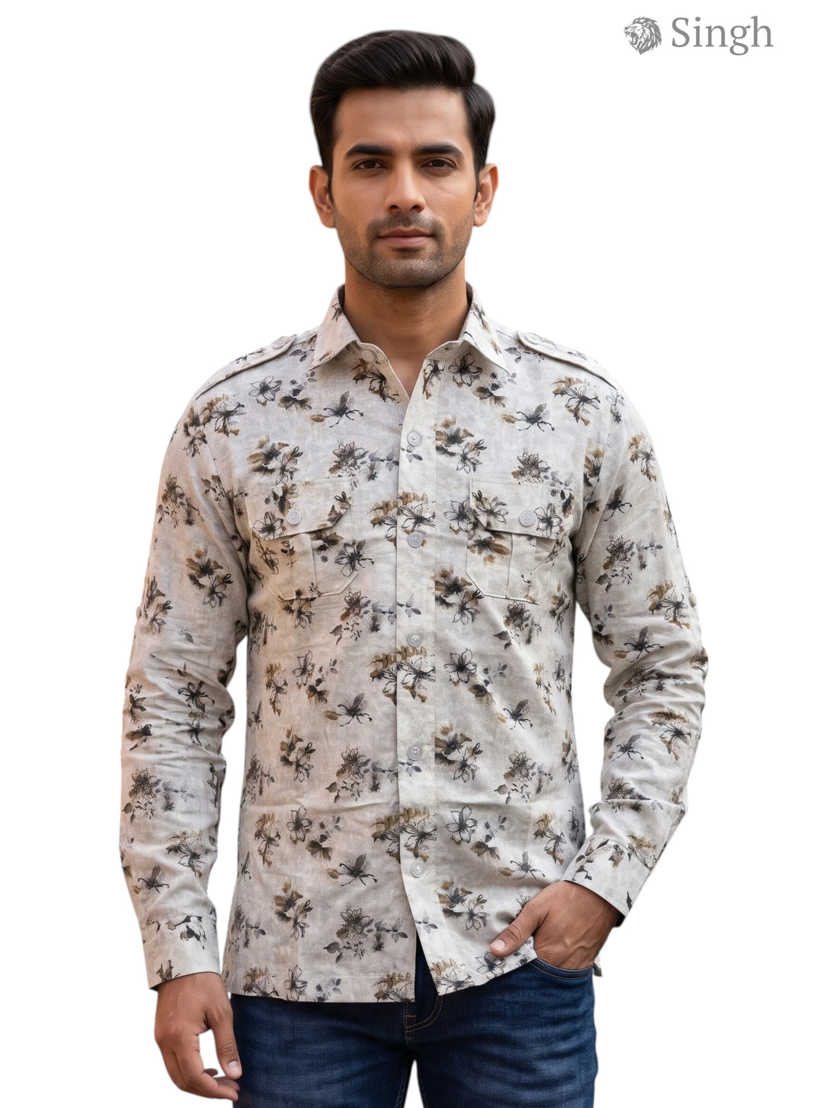 M Hunting Shirts in beige floral fabric, front view showcasing stylish design, HUNTING SHIRTS-1308-127