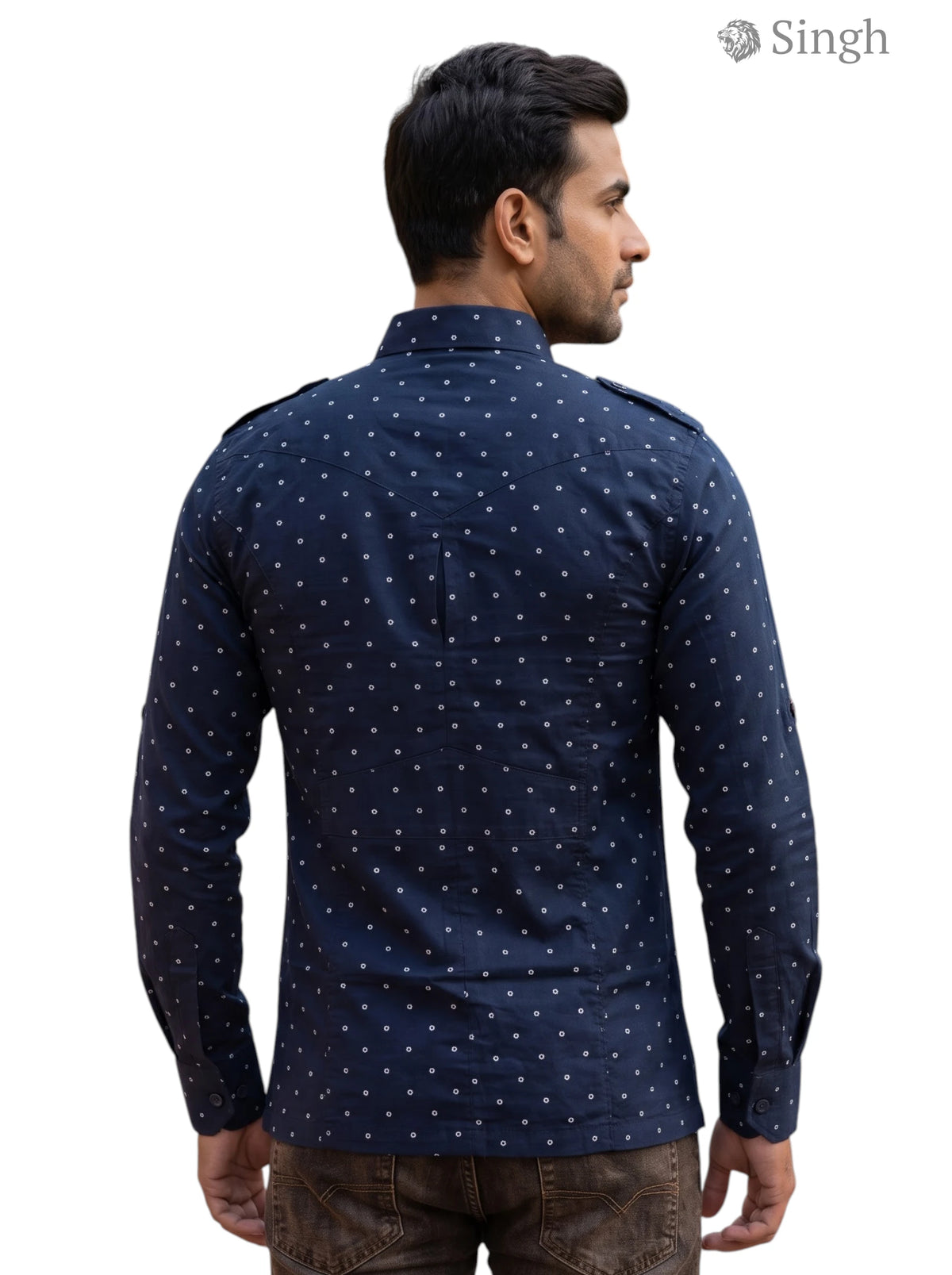 M Navy Blue Cotton Hunting Shirt-1308-128 with a Stylish Dot Pattern from SINGH