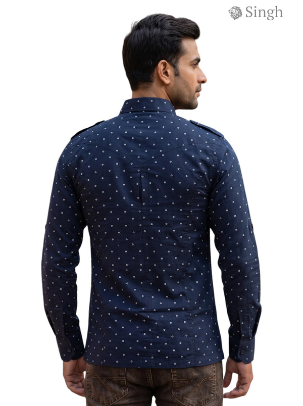 M Navy Blue Cotton Hunting Shirt-1308-128 with a Stylish Dot Pattern from SINGH