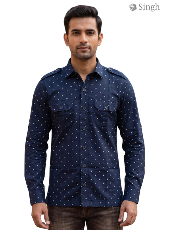 M Navy Blue Cotton Hunting Shirts-1308-128 with Button Front and Chest Pockets
