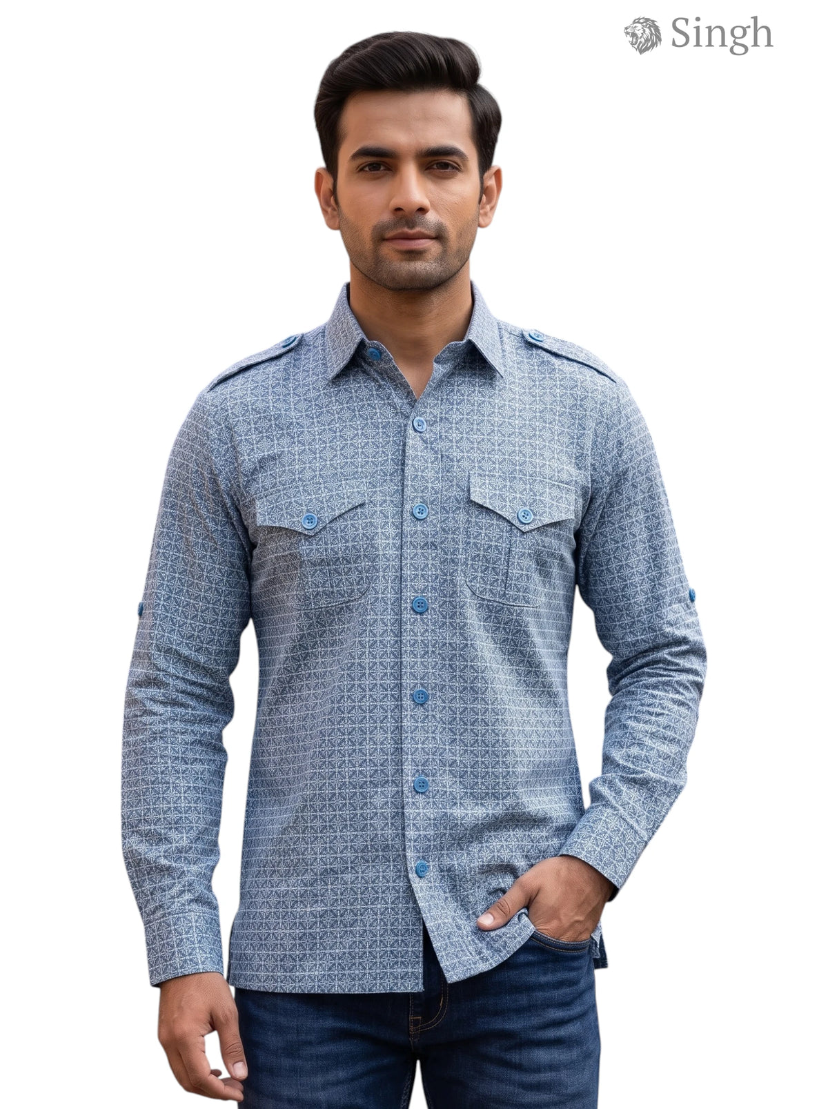 M Hunting Shirts in blue patterned fabric, front view showcasing style and comfort, HUNTING SHIRTS-1308-132
