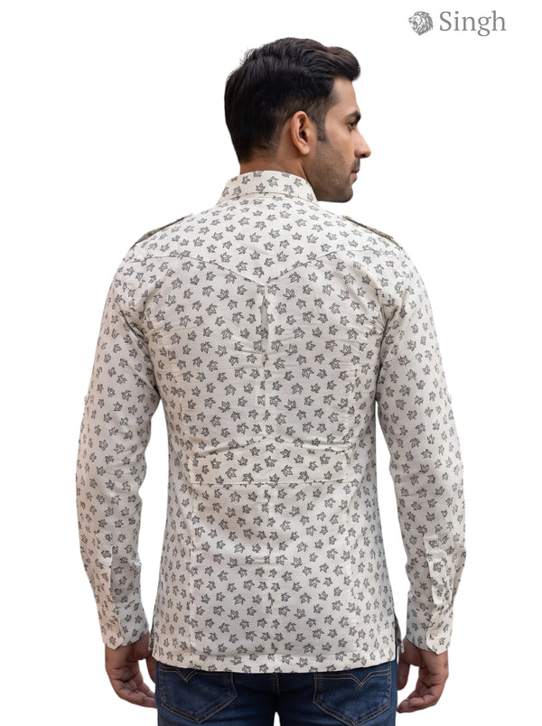 M Beige Cotton Hunting Shirts-1308-138 with Floral Print from the Back Angle