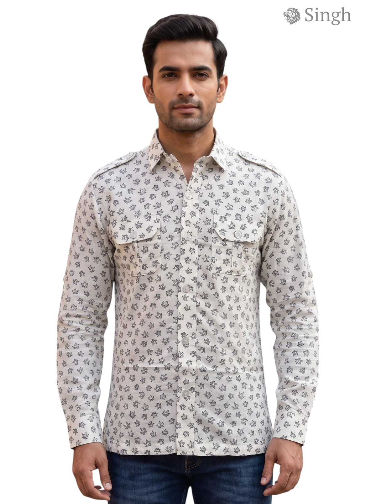 M Hunting Shirts in light gray floral print, cotton fabric, front view featuring patch pockets HUNTING SHIRTS-1308-138