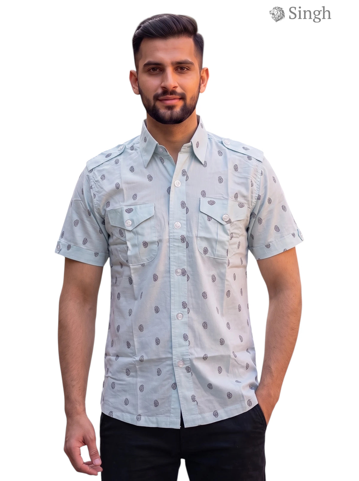 M Hunting Shirts in light blue cotton with short sleeves featuring dual chest pockets