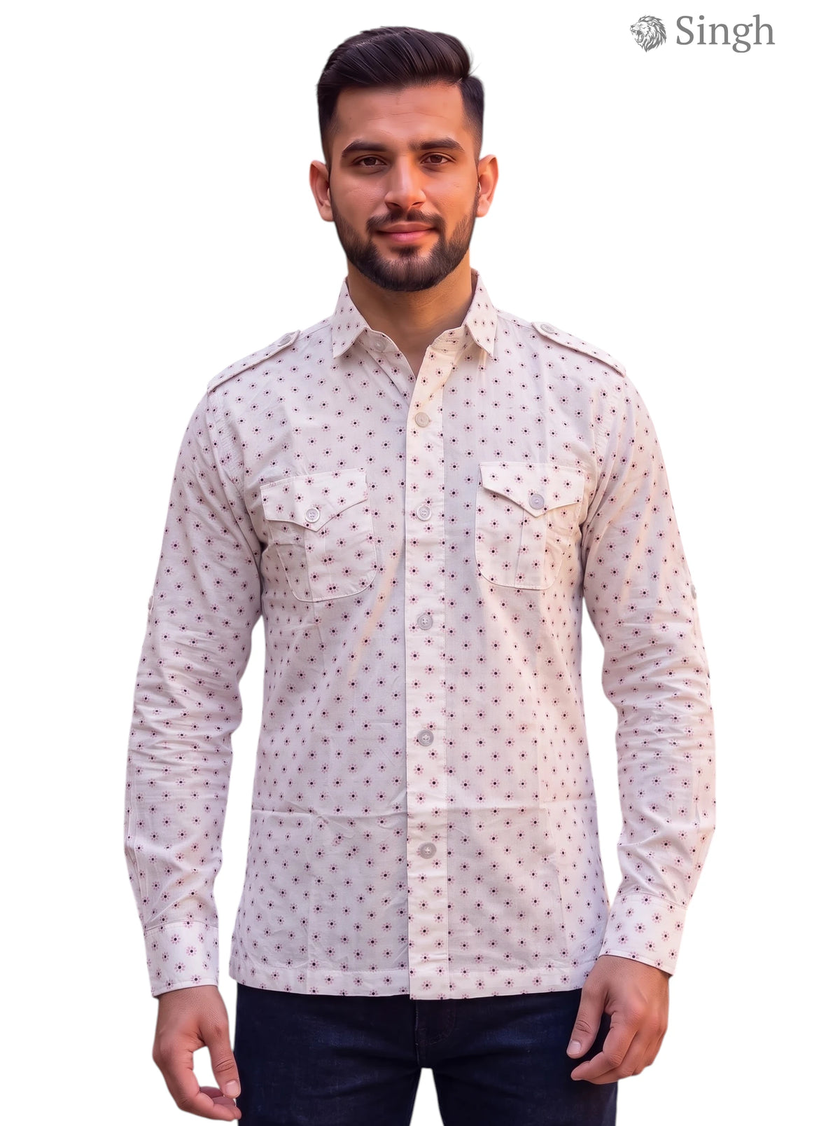Men's white printed cotton hunting shirts-1308-143 featuring stylish chest pockets