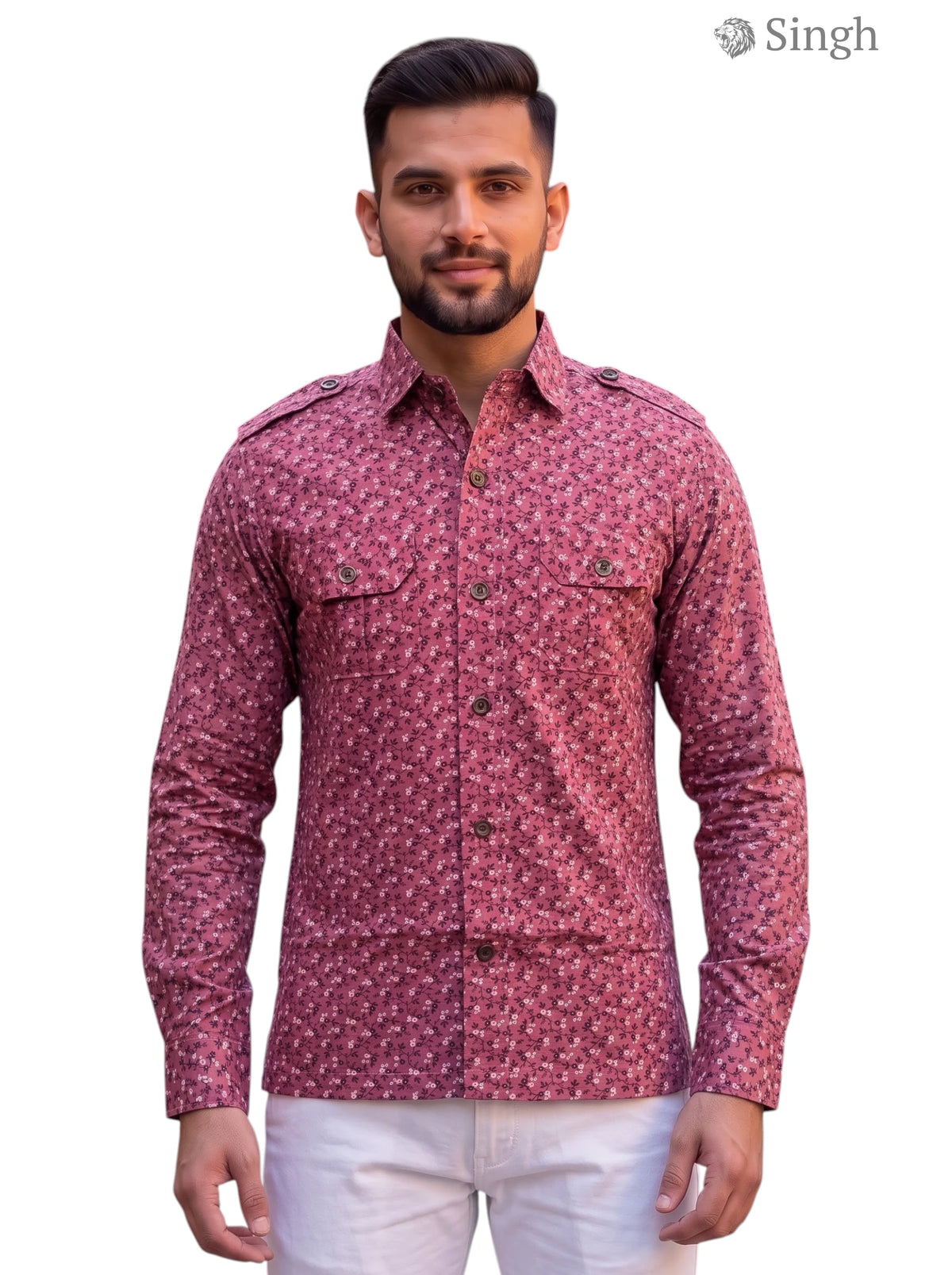 M Red Cotton Hunting Shirt with Button Details from Singh, ideal for outdoor enthusiasts - HUNTING SHIRTS-1308-144