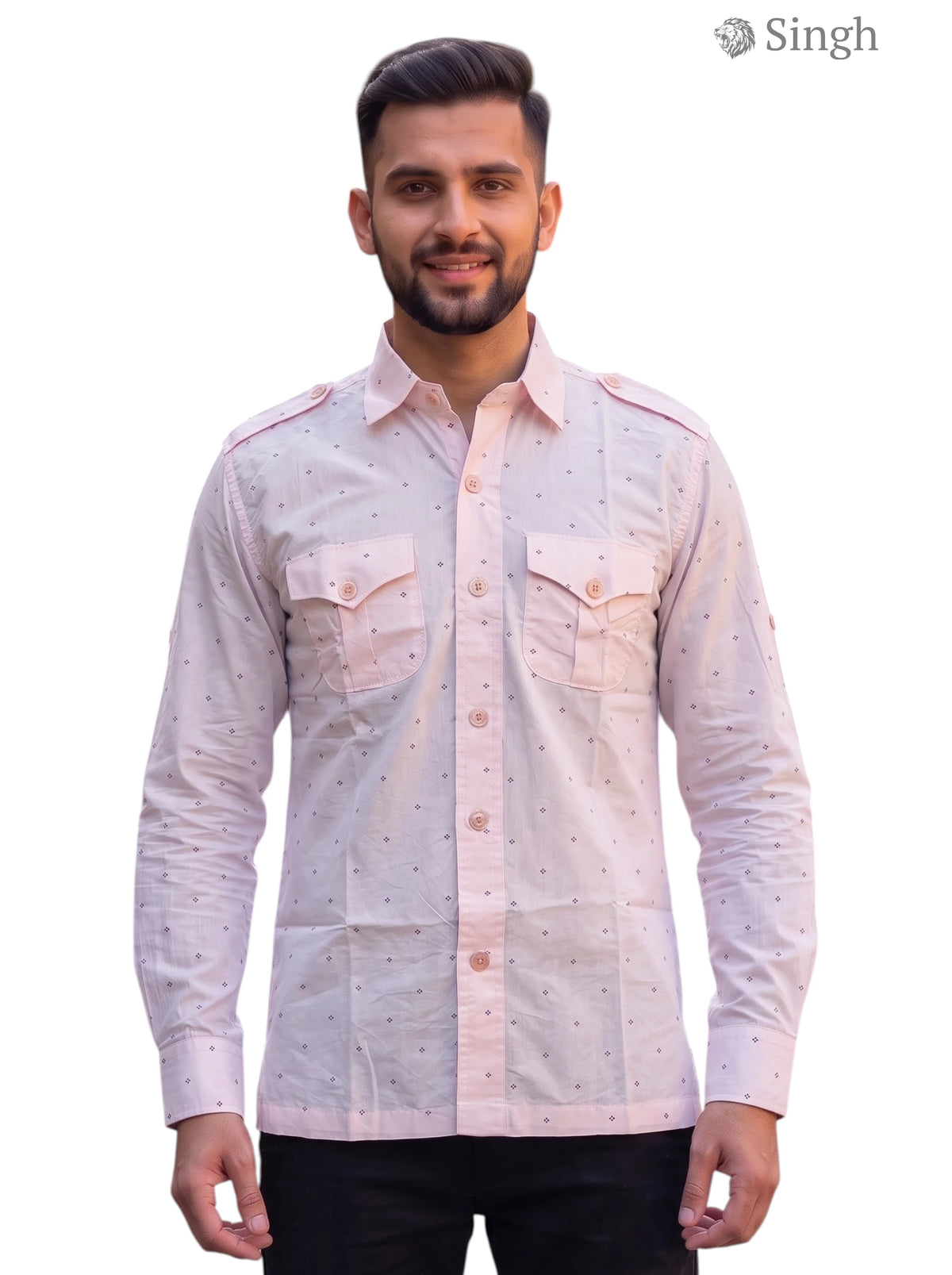 M Hunting Shirts-1308-145 in light pink cotton with a front view and two chest pockets
